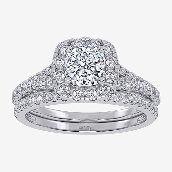 (G / Vs2-Si1) Womens 1 CT. T.W. Lab Grown White Diamond 10K White Gold Cushion Side Stone Halo Bridal Set