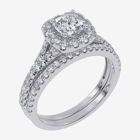 (G / Vs2-Si1) Womens 1 CT. T.W. Lab Grown White Diamond 10K White Gold Cushion Side Stone Halo Bridal Set