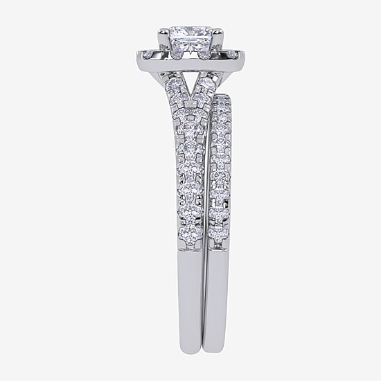 (G / Vs2-Si1) Womens 1 CT. T.W. Lab Grown White Diamond 10K White Gold Cushion Side Stone Halo Bridal Set
