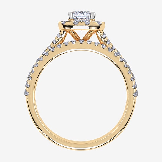 (G / Vs2-Si1) Womens 1 CT. T.W. Lab Grown White Diamond 10K Gold Cushion Side Stone Halo Bridal Set