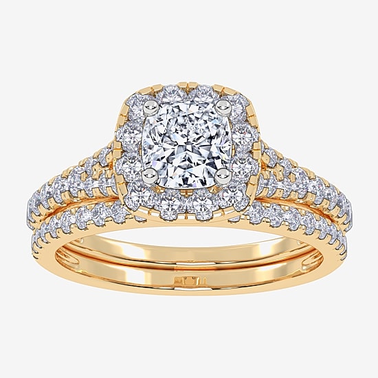 (G / Vs2-Si1) Womens 1 CT. T.W. Lab Grown White Diamond 10K Gold Cushion Side Stone Halo Bridal Set