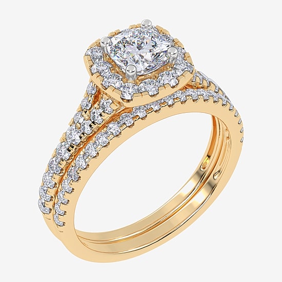 (G / Vs2-Si1) Womens 1 CT. T.W. Lab Grown White Diamond 10K Gold Cushion Side Stone Halo Bridal Set