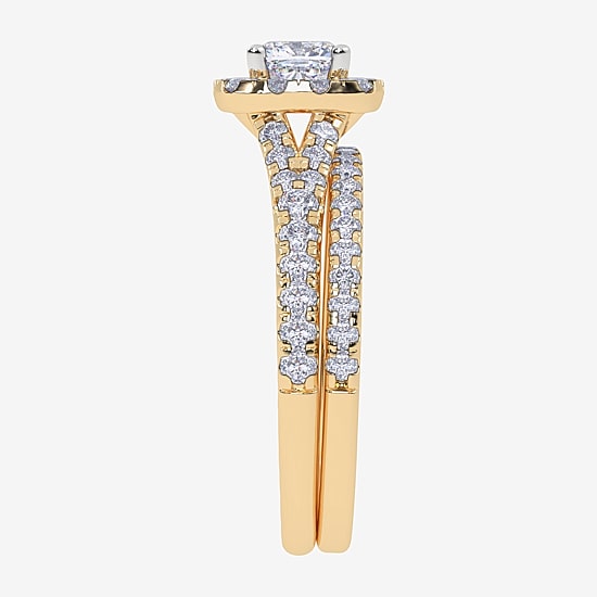 (G / Vs2-Si1) Womens 1 CT. T.W. Lab Grown White Diamond 10K Gold Cushion Side Stone Halo Bridal Set