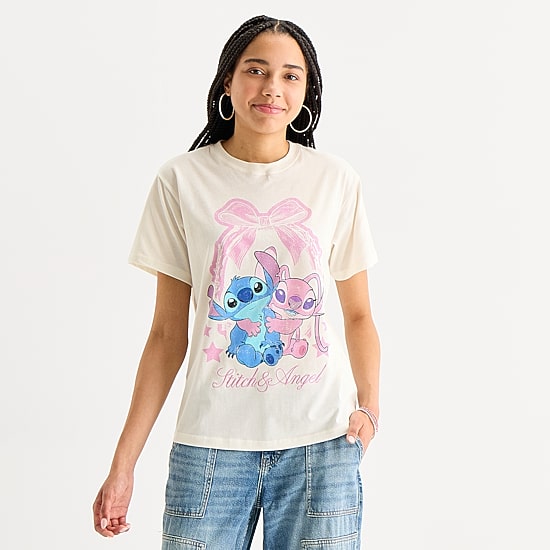 Disney Womens Crew Neck Short Sleeve Boyfriend Fit Lilo & Stitch Juniors Graphic T-Shirt