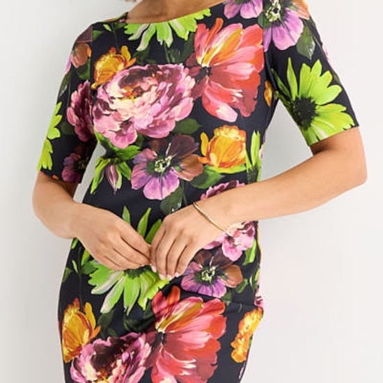 Maya Brooke Womens Short Sleeve Floral Sheath Dress