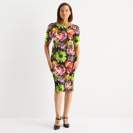 Maya Brooke Womens Short Sleeve Floral Sheath Dress