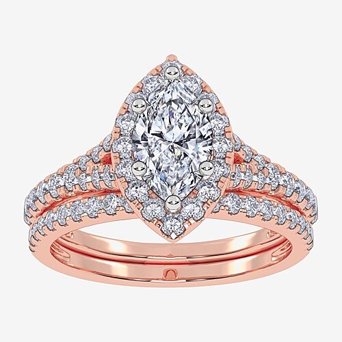 (G / Vs2-Si1) Womens 1 CT. T.W. Lab Grown White Diamond 10K Gold Marquise Side Stone Halo Bridal Set, 9, Rose