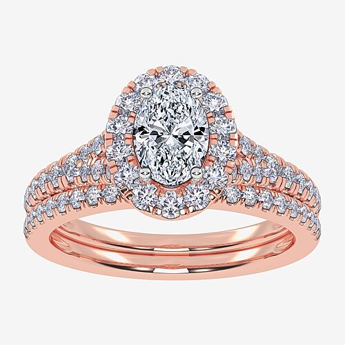 (G / Vs2-Si1) Womens 1 CT. T.W. Lab Grown White Diamond 10K Gold Oval Side Stone Halo Bridal Set, 9, Rose
