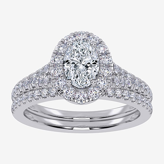 (G / Vs2-Si1) Womens 1 CT. T.W. Lab Grown White Diamond 10K Gold Oval Side Stone Halo Bridal Set