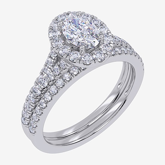 (G / Vs2-Si1) Womens 1 CT. T.W. Lab Grown White Diamond 10K Gold Oval Side Stone Halo Bridal Set