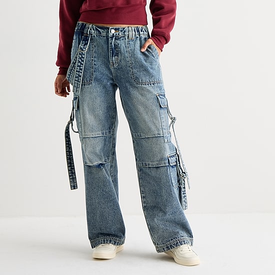 Forever 21 Juniors Womens Low Rise Loose Fit Cargo Jean