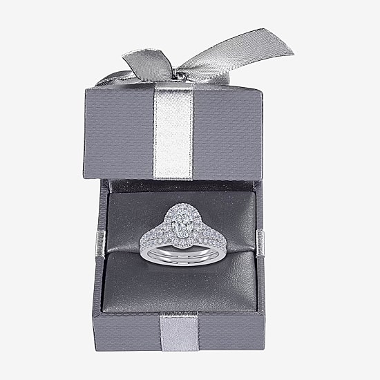 (G / Vs2-Si1) Womens 1 CT. T.W. Lab Grown White Diamond 10K Gold Oval Side Stone Halo Bridal Set