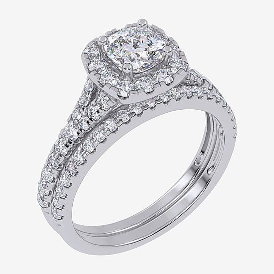 (G / Vs2-Si1) Womens 1 CT. T.W. Lab Grown White Diamond 10K Gold Cushion Side Stone Halo Bridal Set