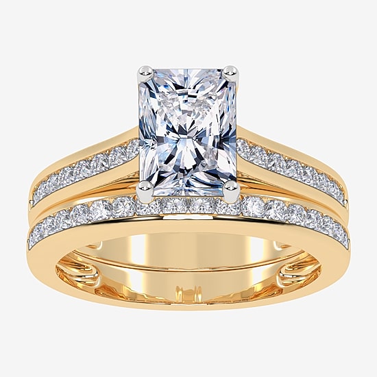 (G / Vs2-Si1) Womens 1 1/2 CT. T.W. Lab Grown White Diamond 10K Gold Rectangular Side Stone Bridal Set