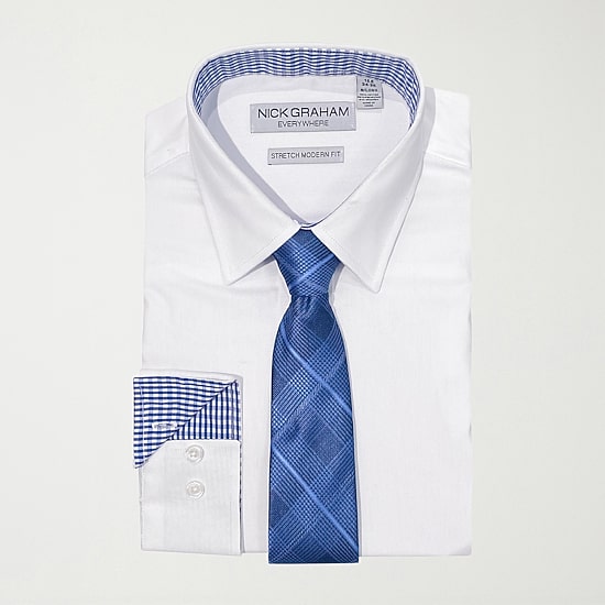 Nick Graham Mens Spread Collar Long Sleeve Stretch Fabric Shirt + Tie Set