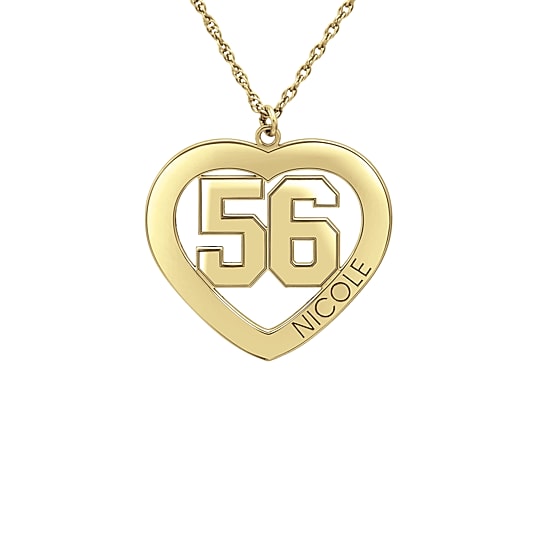 Personalized Womens 24K Gold Over Silver Name and Player Number Heart Pendant Necklace