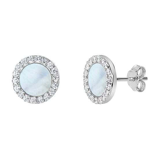 White Mother Of Pearl Sterling Silver 9mm Round Stud Earrings