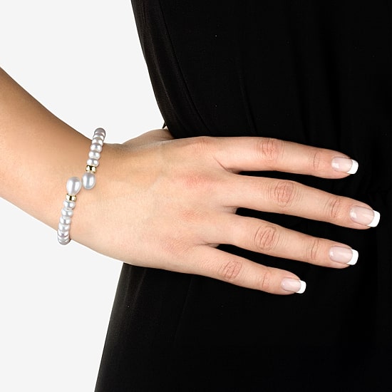 Womens White Cultured Freshwater Pearl 14K Gold Bangle Bracelet