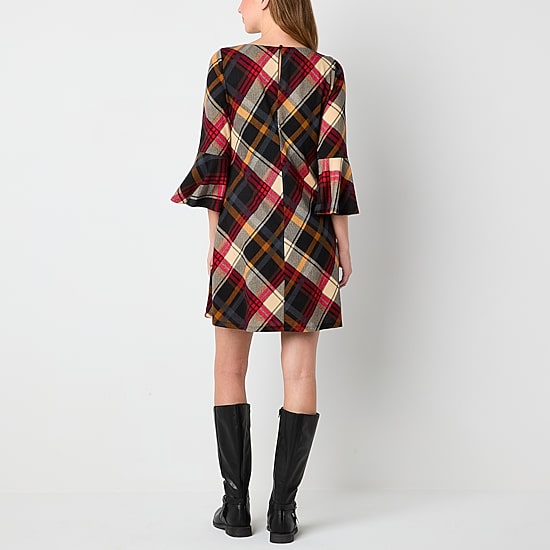 Jessica Howard Womens Boat Neck 3/4 Sleeve Plaid Shift Dress