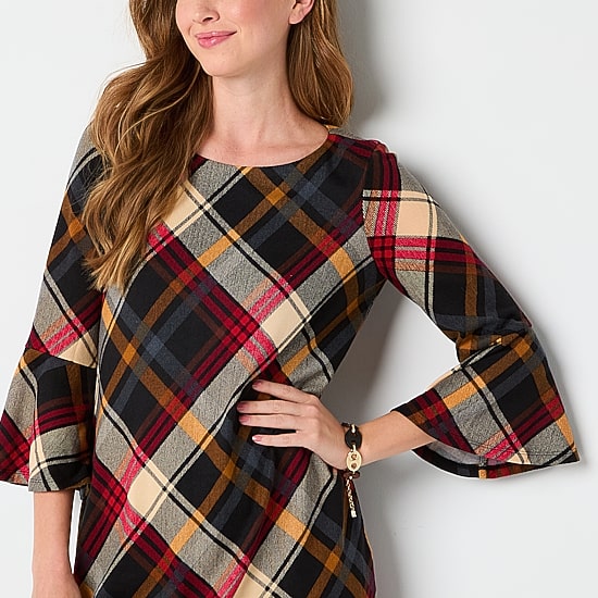 Jessica Howard Womens Boat Neck 3/4 Sleeve Plaid Shift Dress