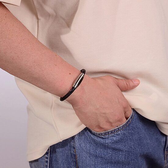 Mens Braided Black Leather Stainless Steel Bracelet