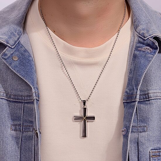 Mens Stainless Steel & Black IP Cross Pendant Necklace