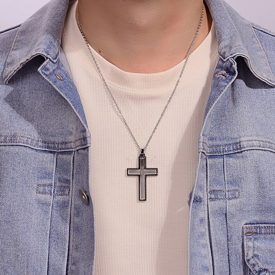 Mens Gunmetal Gray IP Stainless Steel and Carbon Fiber Cross Pendant Necklace