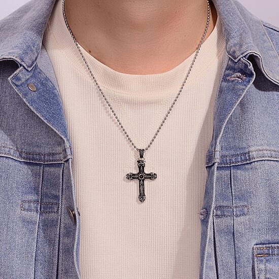 Mens Black Agate Two-Tone Stainless Steel Cross Pendant Necklace