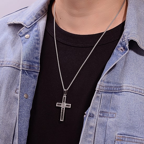 Mens Two-Tone Stainless Steel Cross Pendant Necklace