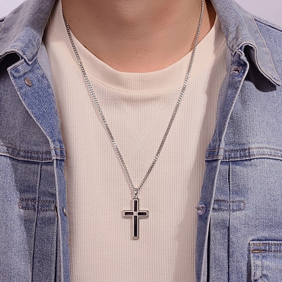 Mens Diamond Accent Two-Tone Stainless Steel Cross Pendant Necklace
