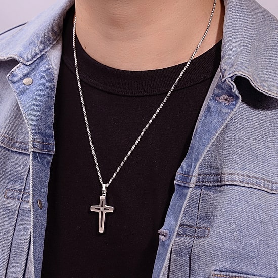 Mens Diamond Accent Stainless Steel Cross Pendant Necklace