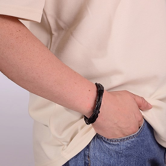 Mens Black Leather Bracelet with Stainless Steel Magnetic Clasp