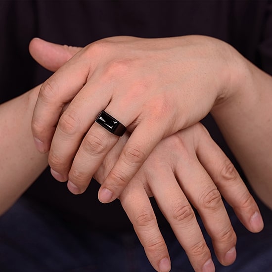 Mens Black Agate Stainless Steel Black Band Ring