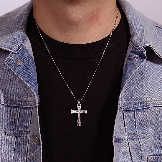 Mens Hammered Stainless Steel Cross Pendant Necklace