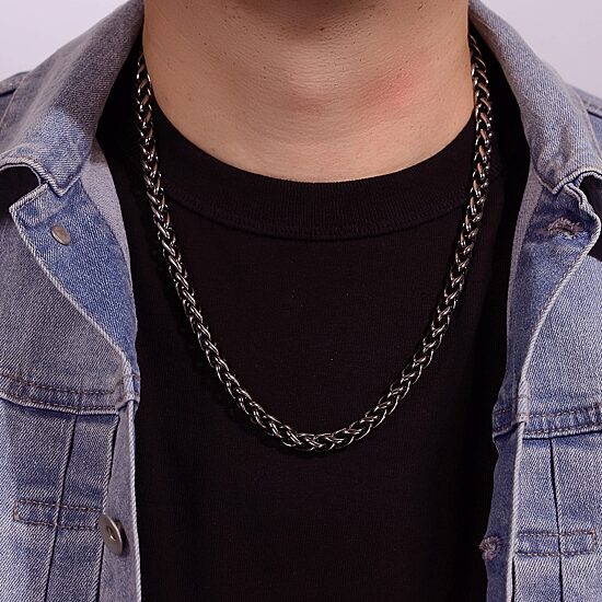Mens Stainless Steel & Black IP 24" 8mm Wheat Chain