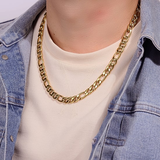 Mens Stainless Steel & Gold-Tone IP 22" 11mm Figaro Chain