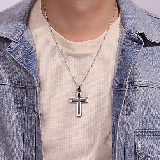 Mens Stainless Steel & Black IP w/Carbon Fiber Inlay Cross Pendant Necklace
