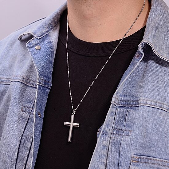 Mens Stainless Steel Cross 24 Inch Pendant Necklace