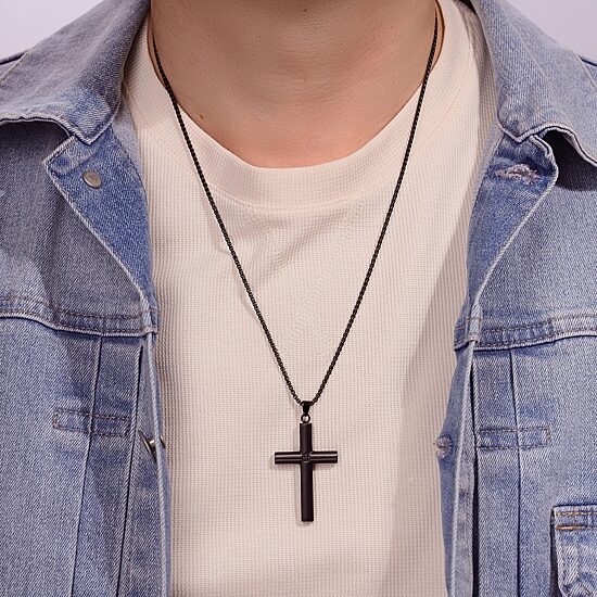 Mens Black Cubic Zirconia Stainless Steel Cross 24 Inch Pendant Necklace