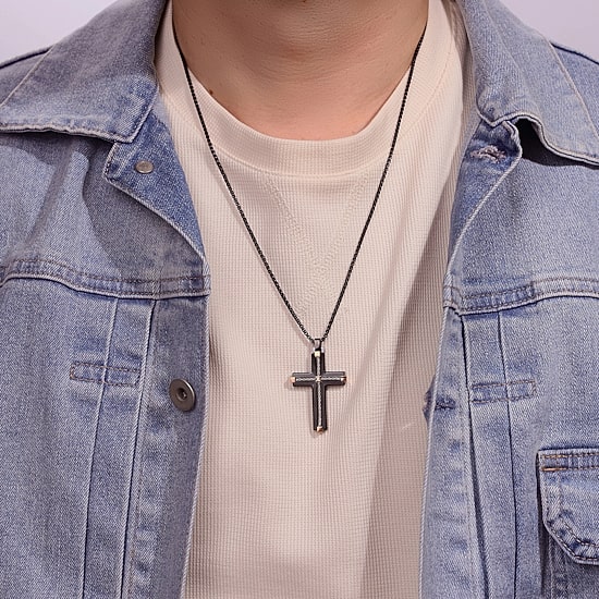 Mens Cubic Zirconia Stainless Steel Cross 24 Inch Pendant Necklace