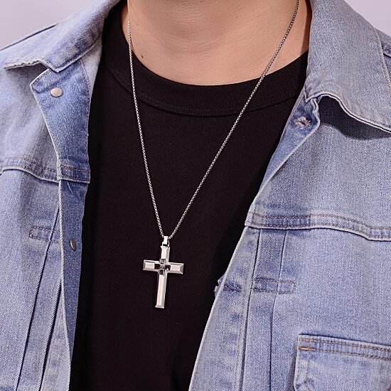 Mens Stainless Steel Cross 24 Inch Pendant Necklace