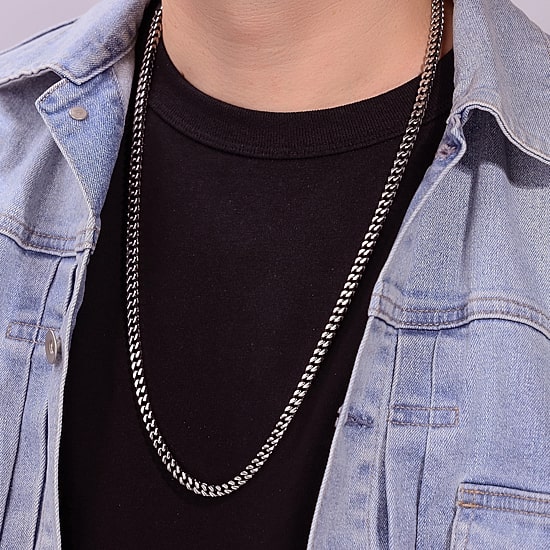 Mens Antique Finish Stainless Steel Foxtail Chain Necklace