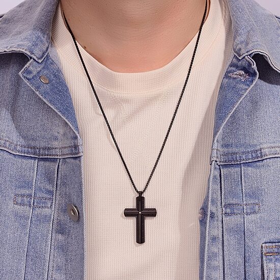 Mens Diamond Accent Diamond Stainless Steel Cross 24 Inch Pendant Necklace