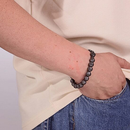 Mens Gray Hematite Stainless Steel Beaded Bracelet
