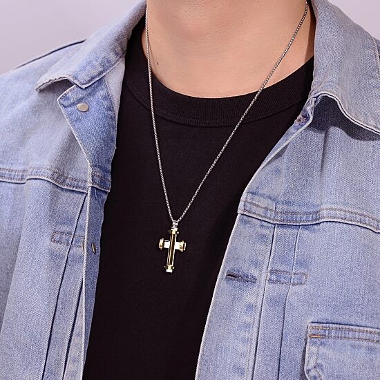 Mens Stainless Steel Cross 24 Inch Pendant Necklace