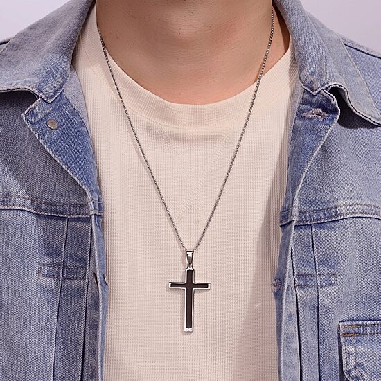 Mens Stainless Steel Cross 24 Inch Pendant Necklace
