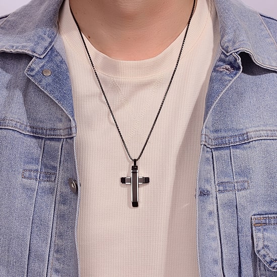 Mens Stainless Steel Cross 24 Inch Pendant Necklace