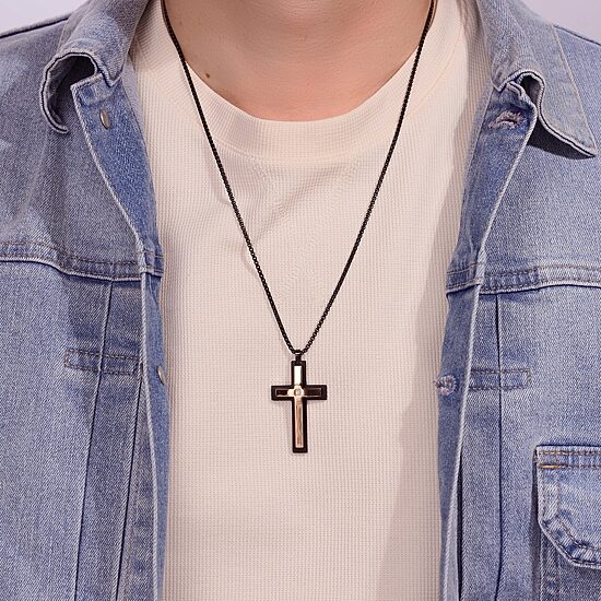 Mens White Cubic Zirconia Stainless Steel Cross 24 Inch Pendant Necklace