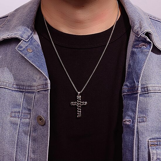 Mens Stainless Steel Cross 24 Inch Pendant Necklace