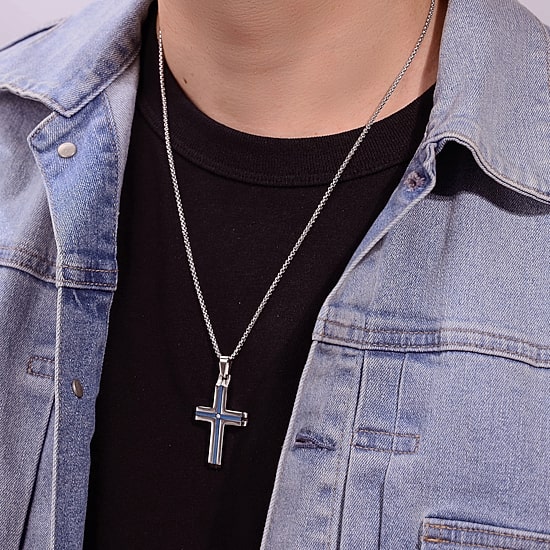 Mens White Cubic Zirconia Stainless Steel Cross 24 Inch Pendant Necklace
